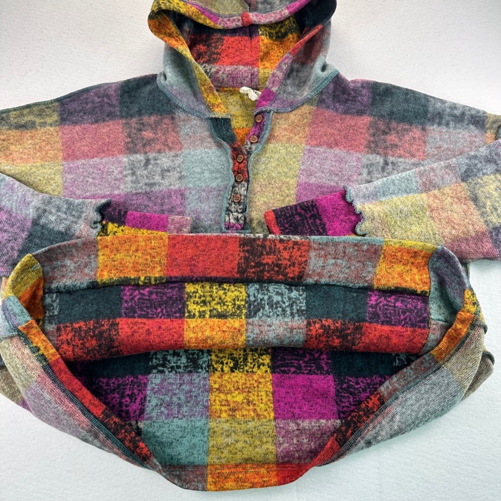 BIBI Womens Large Multicolor Plaid Patchwork Henley Oversized Hoodie Sweater - Picture 6 of 15